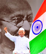 Anna Hazare at Ramlila Grounds in New Delhi on Friday.