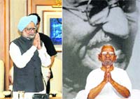 Prime Minister Manmohan Singh at the all-party meeting on the Lokpal Bill in New Delhi on Wednesday ; Anna Hazare greets his supporters at Ramlila Maidan