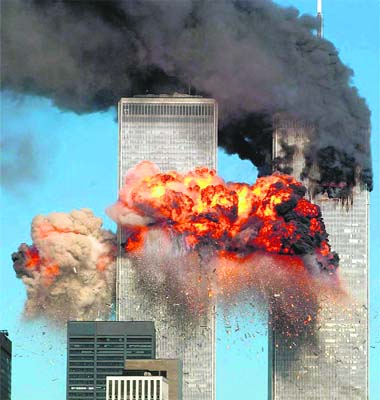 New York, September 11, 2001: The World Trade Centre in flames after the terror attack