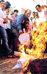 Protesters burn an effigy of the UPA govt in Mumbai. 
