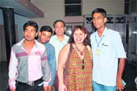 Producer of West is West, Leslee Udwin (2nd from right), with students at the screening of the movie in Yamunanagar