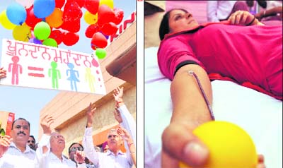 Health and Family Welfare Minister Satpal Gosain releases balloons as part of Blood Donation Day celebrations; and (right) A woman donates blood at a camp organised by the health department in Ludhiana on Saturday.
