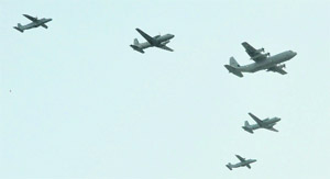 IAF’s newly acquired C-130J Super Hercules, flanked by HS-748 Avros and trailed by two Dornier Do-228s on either side, flies in a formation over Chandigarh during rehersals for forthcoming Air Force Day flypast, to be held at the Hindon airbase, near Delhi.