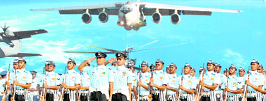 The IAF celebrated its 79th birth anniversary on Saturday with functions at air bases across the country. Here, officers participate in the Indian Air Force Day parade at the Hindon airbase in Ghaziabad on Saturday.