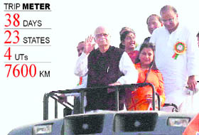 BJP leader LK Advani with daughter Pratibha Advani, Sushma Swaraj and Arun Jaitley at the start of his "Jan Chetna Yatra" at Chhapra in Bihar on Tuesday. 