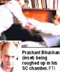 Prashant Bhushan (inset) being roughed up in his SC chamber