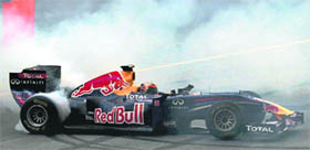 A Red Bull racing car during a Press preview at a speed event ahead of Indian Formula 1 Grand Prix at the Buddh International Circuit in Greater Noida. 