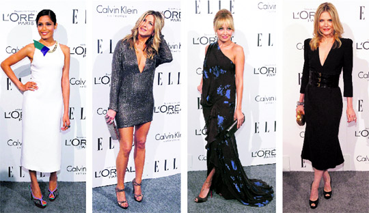 Actress Freida Pinto, Jennifer Aniston, Nicole Richie and Michelle Pfeiffer pose at Elle’s 18th Annual Women in Hollywood Tribute in Los Angeles