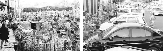 Shopkeepers have encroached upon the land outside shops by putting up stalls; and (right) cars parked haphazardly on a road at the Sector-7 market in Panchkula