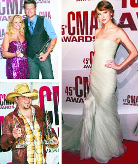 (Clockwise from top) Married couple Blake Shelton and Miranda Lambert pose with their awards for Male Vocalist of the Year and Female Vocalist of the Year at the 45th Country Music Association Awards in Nashville, Tennessee; Singer Taylor Swift won the Award for Entertainer of the Year; Jason Aldean poses with his Album of the Year and Musical Event of the Year awards.