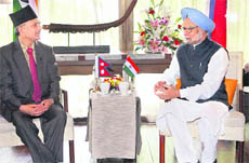 Prime Minister Manmohan Singh and his Nepali counterpart Baburam Bhattarai in Addu on Friday