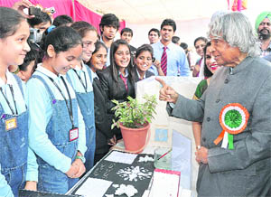 Former President Dr APJ Abdul Kalam interacts with students at a private university near Chandigarh on Thursday. 