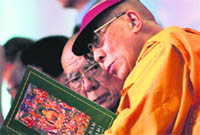 The Dalai Lama during the concluding session of the Global Buddhist Congregation in New Delhi on Wednesday. 