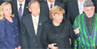 US Secretary of State Hillary Clinton, UN Secy-Gen Ban Ki-moon, German Chancellor Angela Merkel and Afghanistan's President Hamid Karzai at the Bonn conference