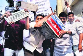 Congress activists protest against Facebook in New Delhi