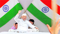 Anna Hazare gestures during his one-day fast.