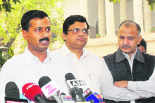 Team Anna members talk to mediapersons after meeting senior BJP leaders at Parliament House. 