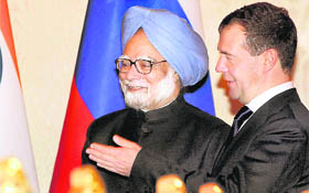 PM Manmohan Singh and Russian President Dmitry Medvedev at a meeting in Moscow on Friday. 