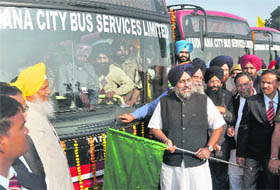 Deputy Chief Minister Sukhbir Badal inaugurates the City Bus Service Project in Ludhiana on Saturday. 