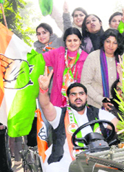 Jubilant Congress supporters in Chandigarh on Monday.