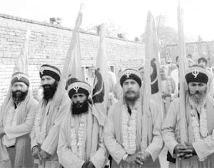Panj Piaras take out a nagar kirtan procession ahead of Guru Gobind Singh’s birth anniversary at Rurka in Mohali on Friday.
