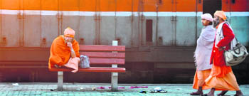 A sadhu sips tea on a chilly Tuesday in Ludhiana.