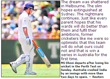 MS Dhoni departs after losing his wicket in the Perth Test on Sunday. Australia crushed India by an innings with more than two days to spare.  Reuters