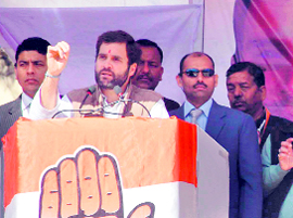 Congress general secretary Rahul Gandhi addresses an election meeting at Pithoragarh on Tuesday