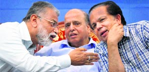 ISRO chief K Radhakrishnan (L) with former chiefs K Kasturirangan (C) and G Madhavan Nair.