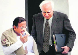 P Chidambaram and Kapil Sibal after meeting the PM on Saturday. 