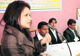 A member of the Legal Studies and Services Society, Uttarakhand, addresses a gathering at DAV PG College in Dehradun on Sunday. 