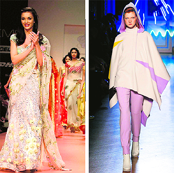 Bollywood actress Amy Jackson walks the ramp for designer Bhairavi Jaikishan during Lakme Fashion Week