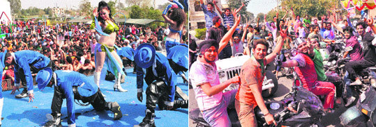 A dance troupe performs during Holi at Funcity near Ramgarh at Panchkula on Thursday; (Right) Holi revelers in a jubilant mood at Sector 7 in Panchkula on Thursday.