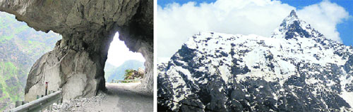 Jorkanden Peak (foreground) with the Shivling-shaped rock formation atop Kinner Kailash (extreme right) Stone archway on the Hindustan Tibet Road