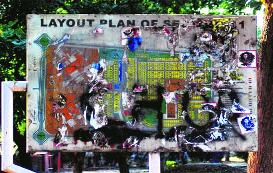 The view of a defaced sector guide map at Sector 11 in Chandigarh