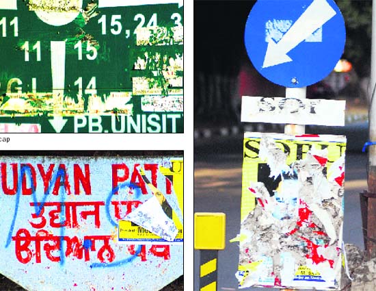 (Clockwise) An information board at Panjab University. A traffic signboard at Sector 11. A road pointer to Udyan Path.