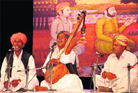 Mahesha Ram and his troupe from Jaisalmer perform during Kabir Utsav at Tagore theatre, Chandigarh, on Wednesday