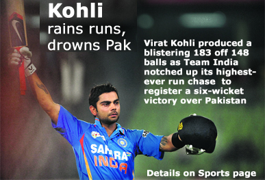 Virat Kohli after scoring a century during the Asia Cup match against Pakistan in Dhaka.