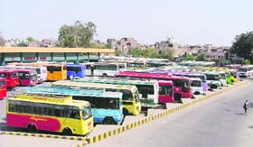 Private and government buses parked inside a bus stand in Ludhiana on Wednesday