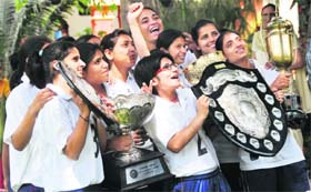 Eves of the Khalsa College for Women with the 1st runners-up trophy of the Panjab University Inter-College Championships