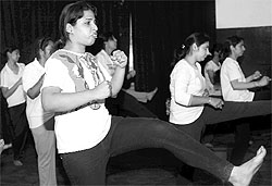 Students of Panjab University demonstrate self-defence training on the concluding day of a camp for PU girl students on Saturday
