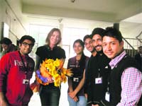 On the sets: Kathryn Bigelow (with flowers) poses with PEC students Photo: Parvesh Chauhan