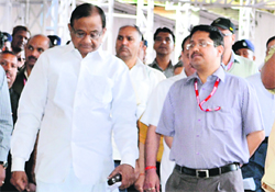 Union Home Minister P Chidambaram with Additional CEO of Shri Mata Vaishno Devi Shrine Board MK Bhandari during a one-day visit to Jammu on Tuesday.