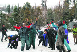 Tourists enjoy fresh snow at Gulaba, about 19 km from Manali on the Rohtang road on Wednesday. Photo: MC Thakur
