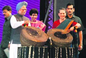 PM Manmohan Singh and Sonia Gandhi throw open the celebrations to mark the silver jubilee of the Zonal Cultural Centres, in Panchkula on Friday. At the centre is Union minister Kumari Selja
