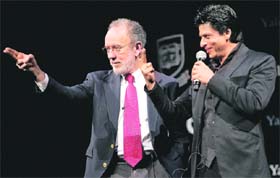 Shah Rukh Khan tries to teach some Bollywood dance moves to Dean of Students Welfare, Prof Jeffrey Brenzel at Yale University in New Haven