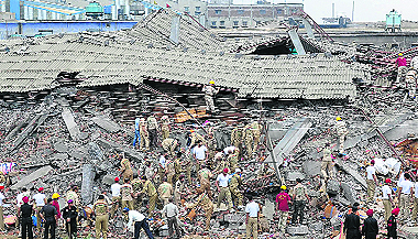 Rescue operations in full swing at the site of the building collapse in Jalandhars Focal Point Extension area on Monday. 