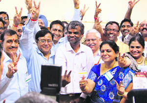 The jubilant missile team soon after the successful launch of Agni V at Wheeler Island off Odisha coast