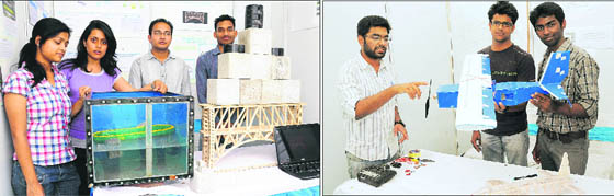 Students with the boat model dispalyed at the PEC in Chandigarh on Friday.