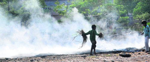 A boy burns garbage at Sector 69 in Mohali on Sunday.